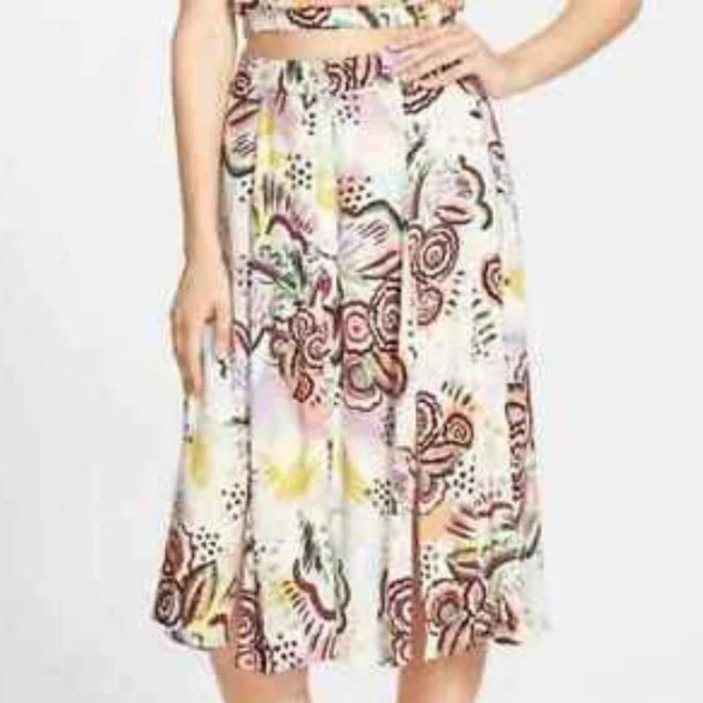 ASTR Floral Button Front pink white Midi Skirt elastic waist Y2K Cottagecore M